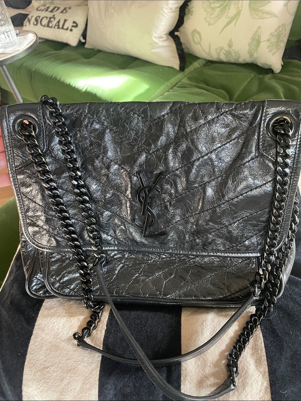 Saint Laurent Black Crinkled Leather Chain Crossbody Bag